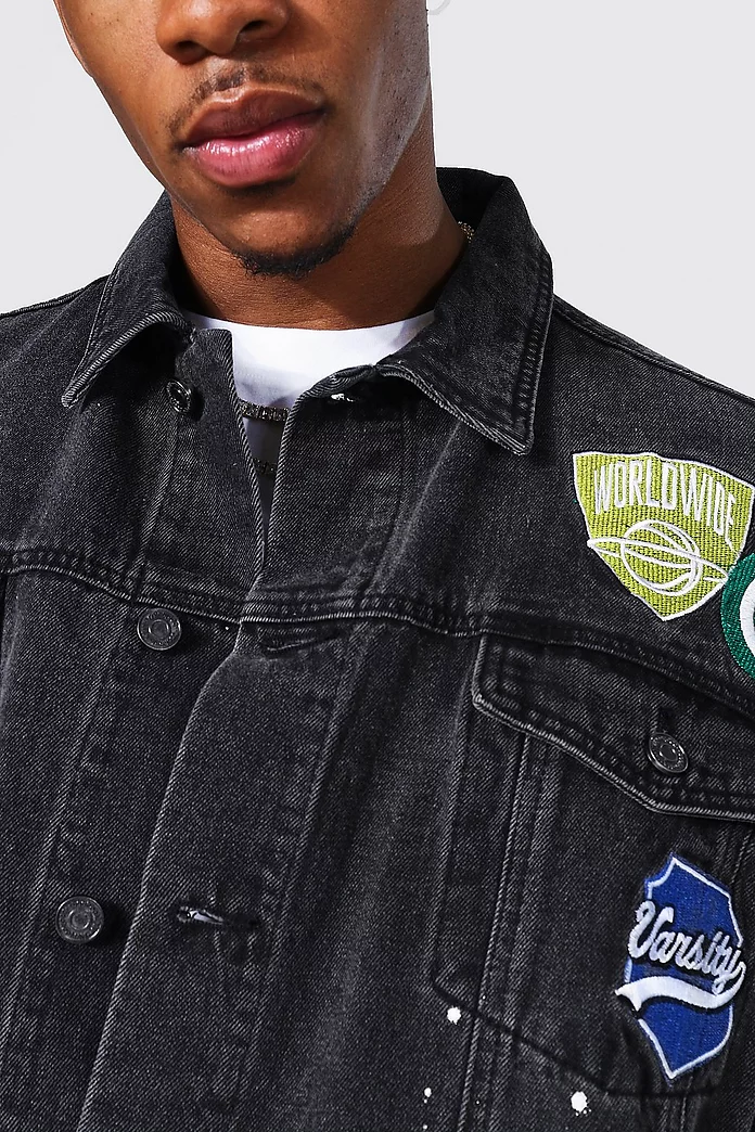 Varsity Oversized Official Man Denim Jacket | boohooMAN USA Varsity Oversized Official Man Denim Jacket | boohooMAN USA
